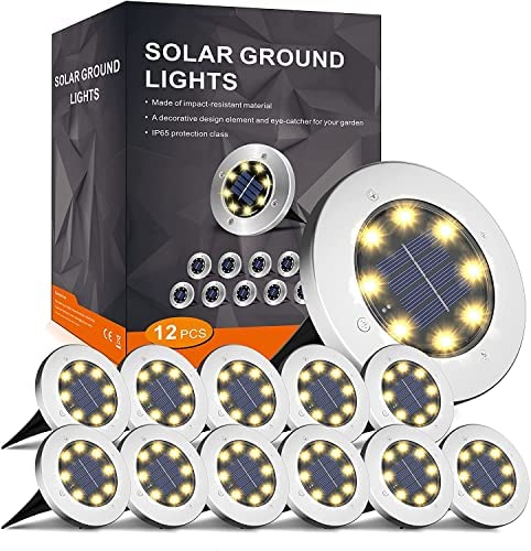 FLOWood Solar Bodenleuchte Solarleuchte für Garten 8 LEDS Solar Außenleuchte Wasserdicht Solar Gartenleuchte Edelstahl Kunststoff Solarlampe für außen Warmweiß 12 Stk [Energieklasse A] von FLOWood