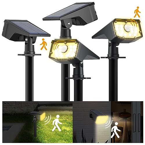 FLOWood Solarlampen für Außen mit Bewegungsmelder, 3000k Warmweiß Solar Strahler 4 Stück, 60 LED Gartenstrahler 2 Modi, IP65 Wasserdicht Gartenleuchten für Garten, Hof, Gehweg von FLOWood