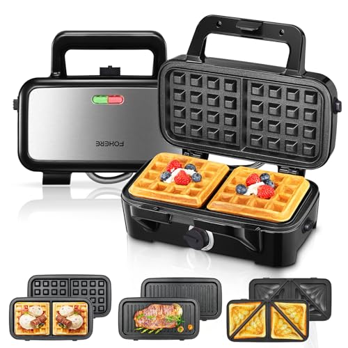 Sandwichmaker 1200W, Fohere 5-Gang-Temperaturregelung Waffeleisen Sandwichtoaster Kontaktgrill 3 in 1 mit Antihaftbeschichtung für einfache Reinigung ohne Anbrennen, LED-Leuchten von FOHERE