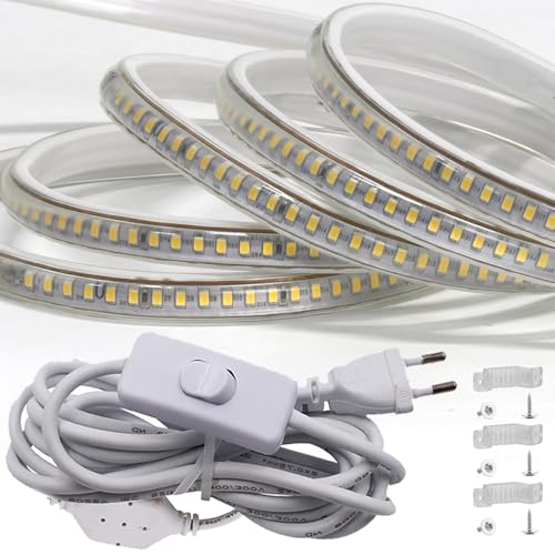 FOLGEMIR 3m Warmweiß LED Band mit Schalter, 2835 SMD 144 Leds/m Lichtleiste, 220V 230V Strip, sehr helle Beleuchtung – ca. 900 LM pro Meter, IP65 wasserdicht von FOLGEMIR