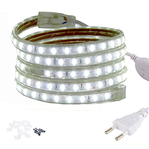 FOLGEMIR 5m Kalt Weiß LED Band, 220V 230V Lichtleiste, 5050 SMD 60 Leds/m Strip, IP65 Lichtschlauch, helle Hintergrundbeleuchtung von FOLGEMIR