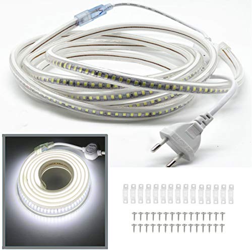 FOLGEMIR 5m Kalt Weiß LED Band, 2835 SMD 144 Leds/m Lichtleiste, 220V 230V Strip, sehr helle Beleuchtung - ca. 900 LM pro Meter, IP65 wasserdicht von FOLGEMIR