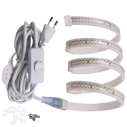 FOLGEMIR 5m Kalt Weiß LED Band mit Schalter, 2835 SMD 144 Leds/m Lichtleiste, 220V 230V Strip, sehr helle Beleuchtung – ca. 900 LM pro Meter, IP65 wasserdicht von FOLGEMIR