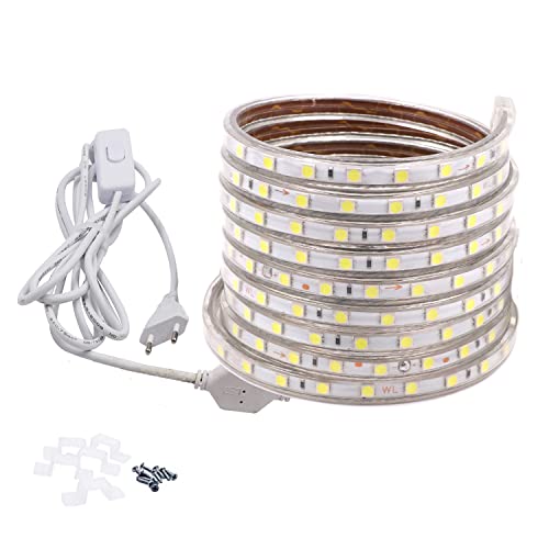 FOLGEMIR 6m Kalt Weiß LED Band mit Schalter, 220V 230V Lichtleiste, 60 Leds/m Strip, IP65 Lichtschlauch, milde Hintergrundbeleuchtung von FOLGEMIR