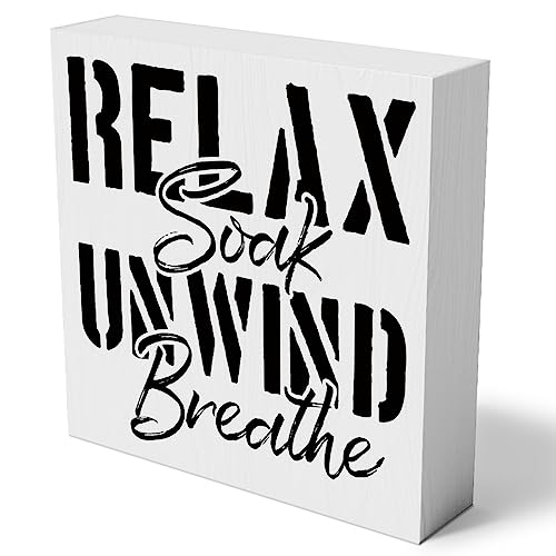 Holzschild für Badezimmer, Wanddekoration, 12,7 x 12,7 cm, rustikales Holzschild mit Aufschrift "Relax Soak Unwind Breathe" von FONALO