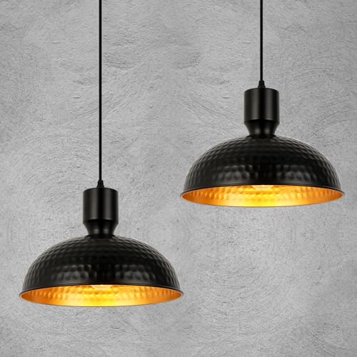 FORCOSO 2 x Pendelleuchte Schwarz Gold - Modern Industriel Hängelampe Ø31cm Breite Gehämmertes Metall Vintage Pendelleuchte E27 Hängeleuchte Deckenleuchte für Küche Esstisch Wohnzimmer Schlafzimmer von FORCOSO