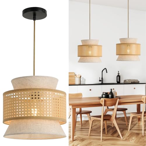 FORCOSO Hängelampe Rattan+Stoff, Vintage Pendelleuchte Rattan, Deckenlampe Rattan Ø29 cm, Boho Hängeleuchte E27, max.60W für Esstisch Wohnzimmer Schlafzimmer Esszimmer Flur Küche - Braun/Weiß von FORCOSO