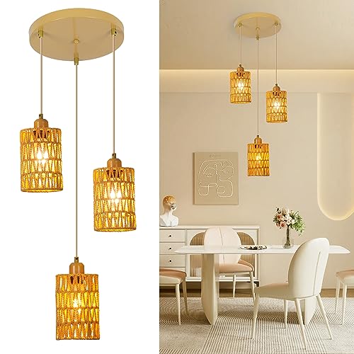 FORCOSO Pendelleuchte Esstisch - Hängeleuchte Rattan 3 Flammig, Boho Lampe Rattan Hängelampe, Hängend Deckenleuchte Esstischlampe E27 für Esszimmer Küche Schlafzimmer Wohnzimmer Flur von FORCOSO