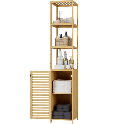 FOREHILL Hochschrank Badezimmerschrank Badregal aus Bambus schmales Badschrank Badmöbel mit 3 Ablagen Standregal für Bad, Küche, Flur 169x34x33cm Natur von FOREHILL