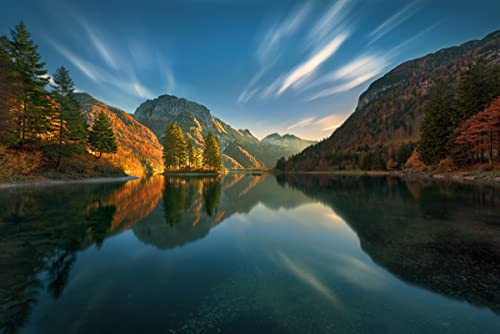 GEBIRGE Fototapete VLIES-500x280 cm (6312A)-Natur Landschaft See Alpen Berge Bäume Fotokunst Wandtapete-Inkl. Kleister-Vliestapete Bild Dekoration Wand-Dekor Moderne Motiv-Tapete Panorama Poster XXL von FOTOTAPETENDRUCK