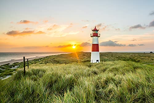 LEUCHTTURM Fototapete VLIES-500x280 cm (2818A)-Nordsee Dünen Strand Meer See Natur Landschaft Wandtapete-Inkl. Kleister-Vliestapete Bild Dekoration Wand-Dekor Moderne Motiv-Tapete Panorama Poster XXL von FOTOTAPETENDRUCK