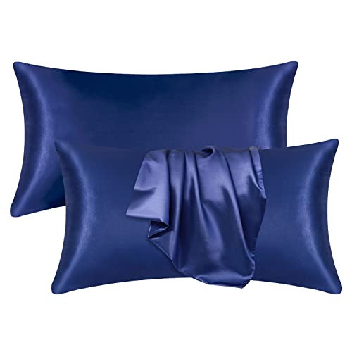 2er-Set Satin Kissenbezug 40 x 80 cm, Superweicher Kopfkissenbezug für Haar und Haut, Premium Satin Kissenhüllemit Umschlagverschluss 40 x 80 cm (40 x 80 cm, Dunkelblau) von FOX-TECH