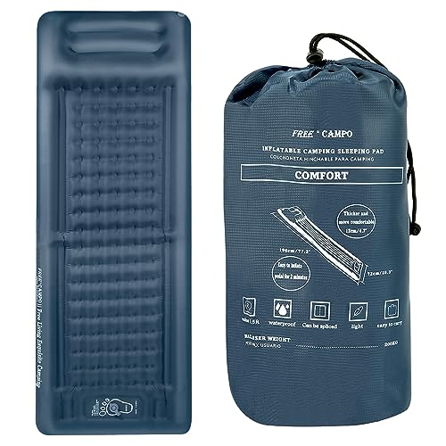 FREE CAMPO Isomatte Camping Selbstaufblasend, 12CM Verdicktes Aufblasbare Matratze campingmatte luftzellenmatte mit Fußpresse Pumpe、Kissen,Falten Lagerung kleines packmass Ultraleicht (blau + grau) von FREE CAMPO