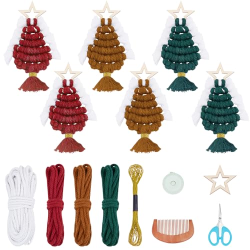 FREEBLOSS 6er Set Makramee Weihnachtsbaum mit Pentagramm Chips Boho Decor Weihnachten Makramee hängenden Ornament Weihnachtsbaum Ornamente Makramee Kit für Anfänger von FREEBLOSS