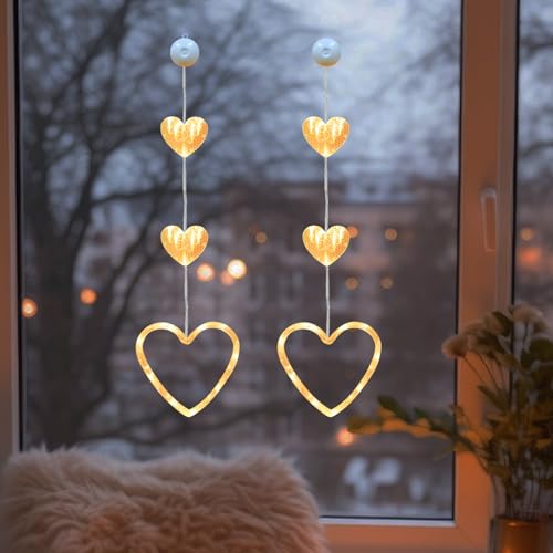 2PCS LED Lichterkette Fenster mit Saugnäpfe, Herze Lichterkette Fenster Deko, LED Lichterkette zum Aufhängen Warmweiß Herz Lichter Fensterbeleuchtung Valentinstag Ostern Deko von FUFRE