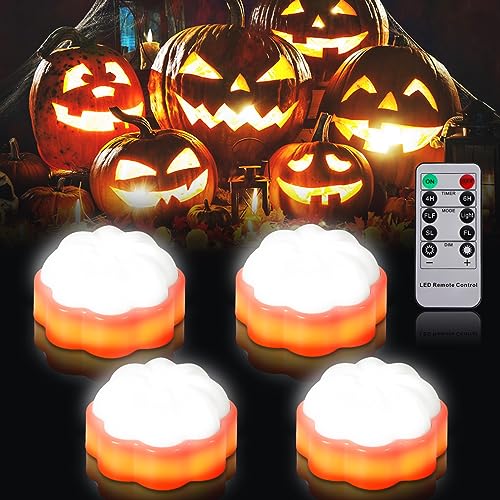 4 PCS Halloween Kürbis LED Teelichter mit Fernbedienung, Halloween Flackern Flammenlose Kerzen LED Kürbis mit Timer, Halloween Kürbis Lichter Batterie Betriebene für Halloween Party Deko, Weißlicht von FUFRE