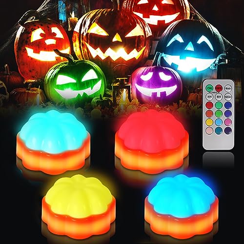 FUFRE 4 PCS Halloween Kürbis LED Teelichter mit Fernbedienung, Halloween Flackern Flammenlose Kerzen LED Kürbis mit Timer, Halloween Kürbis Lichter Batterie Betriebene für Halloween Party Deko, RGB von FUFRE