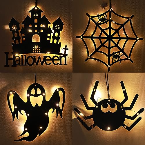 Halloween Deko Lichterkette, 4 Stück Halloween Fensterlichter Kürbis Spinne Geister Spinnennetz Fledermaus Zauberer Lampe Deko, Halloween Warmweißes Licht für Innen Außen Garten Tür Haus Balkon Party von FUFRE