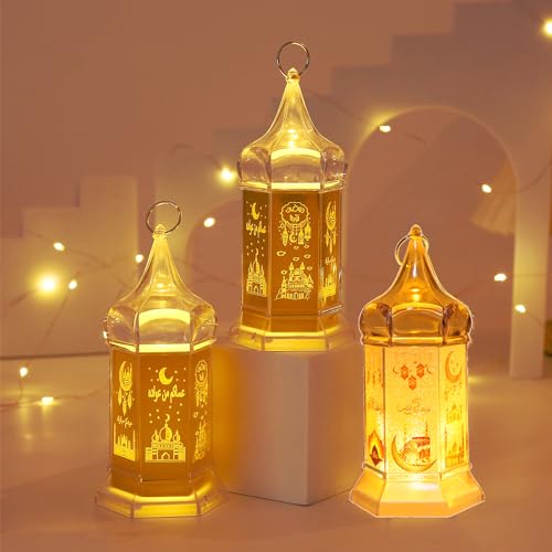 Ramadan Deko Laterne, Ramadan Dekoration Lampe, Eid Mubarak Laterne Mond Stern Schloss Ramadan Deko Lichter, Vintage Kristall Laterne Ramadan Tischdeko für Islam Muslimische Festival Dekorative (3PCS) von FUFRE