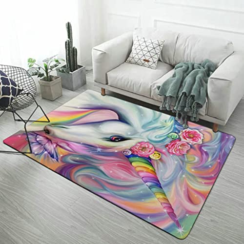 FUFUTE Einhorn Bereich Teppich Kindergarten Teppich Flanell Weiche Matte Rosa Lila Gelb Regenbogen Blumen Einhorn Pferd Großes Wohnzimmer Schlafzimmer Teppich Spiel Fußmatte Läufer (Rosa,140x180 cm) von FUFUTE