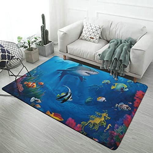 Wohnzimmer Schlafzimmer Teppich Blau Unterwasserwelt Hai Tropische Fische Schildkröte Korallenriff Muster Kinderzimmer Teppich Meer Kinderzimmer Teppich Läufer Fußmatten (Farbe 4,140x180 cm) von FUFUTE