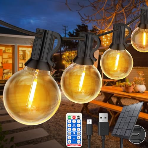 FUKOOLE 15M Solar Lichterkette Außen mit 25+1 G40 LED Glühbirnen, Lichterkette Außen Solar Wetterfest mit USB/Solar-Lademethode, 8 Modi, IP65 Wasserdicht Lichterketten für Garten, Terrasse, Hochzeiten von FUKOOLE