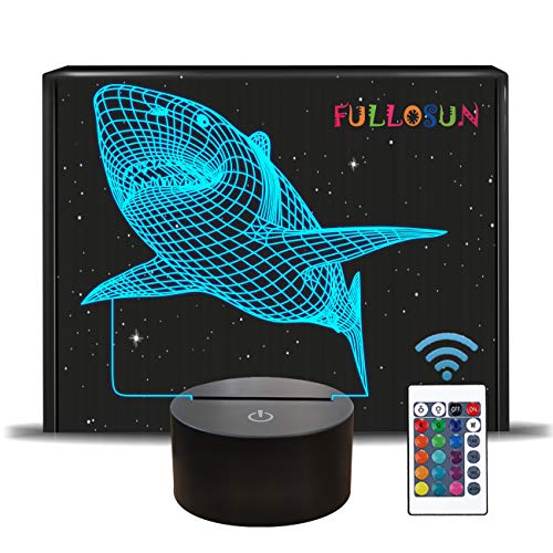 FULLOSUN 3D-Illusionslampe, Shark Night Light mit Fernbedienung 16 Farbwechsel-Schreibtischlampen Kids Decor Geburtstagsgeschenke für Kleinkinder Jungen von FULLOSUN