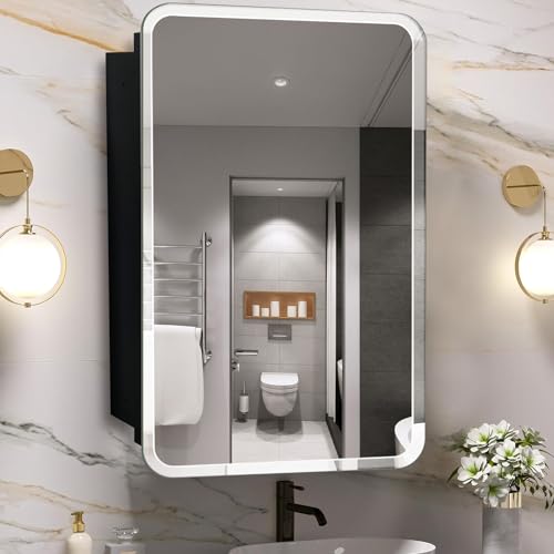 FUMANGO Badezimmer-Medizinschrank aus mattschwarzem Aluminium, eintürig, mit Spiegel, versenkter oder Oberflächenmontage, Badezimmer-Wandschrank, abgeschrägte Kanten, 61 x 76,2 cm, mattschwarz von FUMANGO