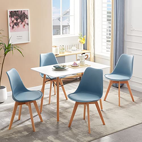 FURNITABLE Esstisch mit 4 Esszimmerstühle Essgrupp, Skandinavisches Design Küchentisch mit Gepolsterter Stühlen Passend für Esszimmer Küche Wohnzimmer, Weißer Esstisch und Hellblau Stühle von FURNITABLE