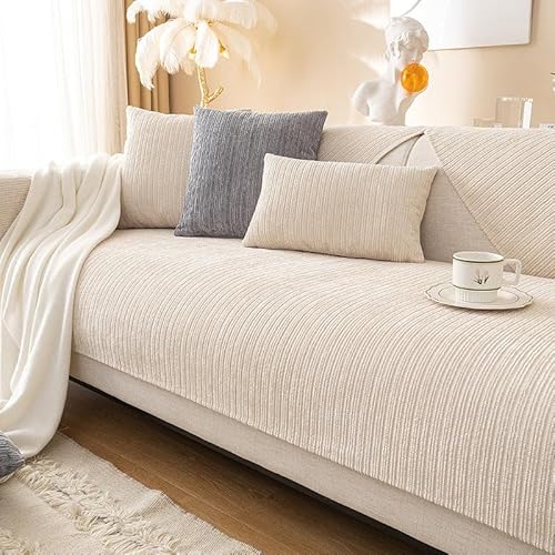 FUXNGZI Simple Striped Chenille Anti-Scratch Couch Cover, Sofabezug aus Chenille-Stoff mit Fischgrätenmuster, Sofaschoner Antirutsch Sofaschutz Hund Kratzschutz Katze (Beige, 70 * 180cm) von FUXNGZI