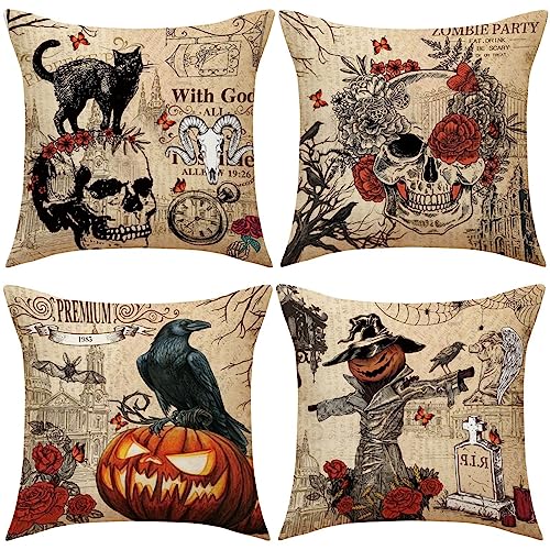 4 Stück Halloween Dekorative Kissenbezug, 45x45cm Dekokissen Kissenhülle Sofakissen Zierkissenbezüge Happy Halloween Deko, Herbst Leinen Kürbis Schädel Kissenbezug Für Sofa Sessel von FYBlossom