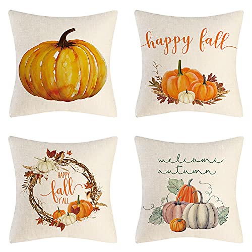 4er Set Thanksgiving Dekorative Kissenbezüge, Herbst Kissenbezüge Zierkissenbezug Kissenhülle, Leinen Kürbis Ahorn Blätter Überwurf Kissenbezug Für Büro Schlafzimmer Couch Auto Dekoration, 45 X 45cm von FYBlossom