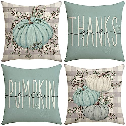 4er Set Thanksgiving Dekorative Kissenbezüge, Herbst Kissenbezüge Zierkissenbezug Kissenhülle, Leinen Kürbis Ahorn Blätter Überwurf Kissenbezug Für Büro Schlafzimmer Couch Auto Dekoration, 45 X 45cm von FYBlossom