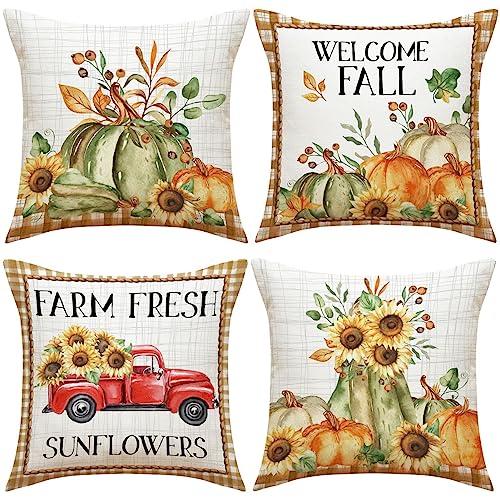 4er Set Thanksgiving Dekorative Kissenbezüge, Herbst Kissenbezüge Zierkissenbezug Kissenhülle, Leinen Kürbis Ahorn Blätter Überwurf Kissenbezug Für Büro Schlafzimmer Couch Auto Dekoration, 45 X 45cm von FYBlossom