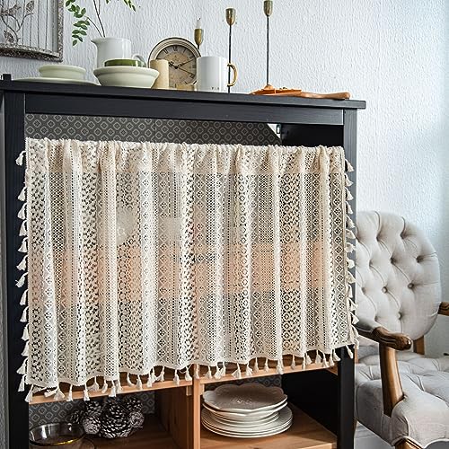 Kurze Scheibengardine Vintage Boho Vorhang Kurzgardine Bistrogardine, Spitze Häkelgardine Beige Kurzstore Gardine Mit Quasten, Landhausstil Kurzgardinen Für Küche Cafe Bad Schlafzimmer, 1 Stück von FYBlossom