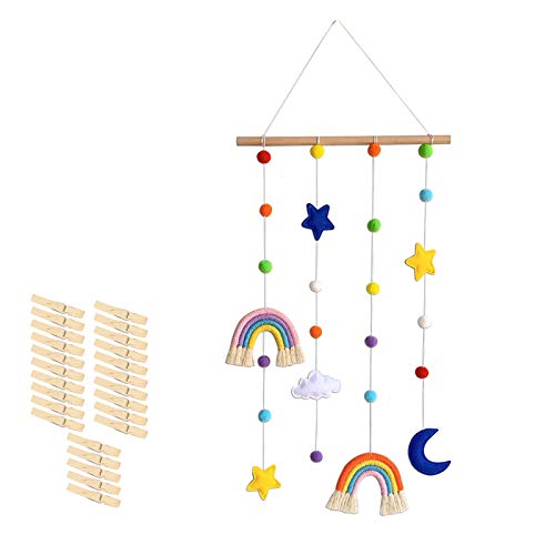 Makramee Regenbogen Wandbehang Boho Room Decor, Wolke Regenbogen Hängende Foto-Display Dekoration Mit 25 Holz-Clips, Handgewebte Tapisserie Kinder Wand Dekoration Für Kinderzimmer Schlafzimmer von FYBlossom