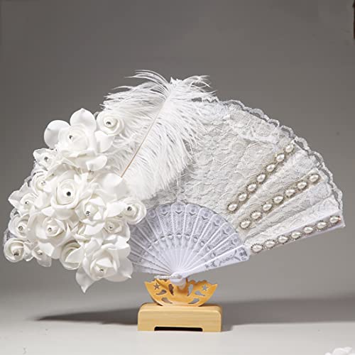 Weißer Fächer Handfächer Spitzenfächer Hochzeit, Brautfächer Hochzeitsfächer Faltbarer Fächer Aus Spitze Und Feder, Faltfächer Tanzfächer Für Hochzeit Braut Geschenke Wanddekoration (Stil D) von FYBlossom