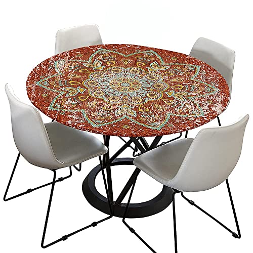 FZKun Tischdecke Outdoor Rund 120 cm, Elastisch Rund Abwaschbar Tischdecken Wasserabweisend Lotuseffekt Garten Tischdecke Grau Mandala Table Cloth (Ideal für 70cm-80cm,Vintage Rot) von FZKun