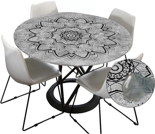 FZKun Tischdecke Outdoor Rund 120 cm, Elastisch Rund Abwaschbar Tischdecken Wasserabweisend Lotuseffekt Garten Tischdecke Grau Mandala Table Cloth (Ideal für 100cm-110cm,Anthrazit) von FZKun