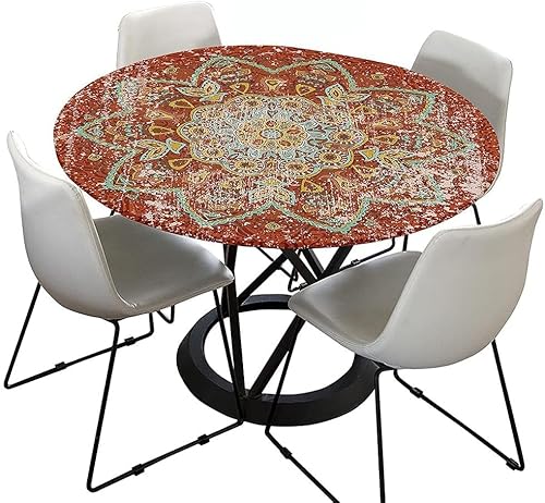 Tischdecke Outdoor Rund 120 cm, Elastisch Rund Abwaschbar Tischdecken Wasserabweisend Lotuseffekt Garten Tischdecke Grau Mandala Table Cloth (Ideal für 100cm-110cm,Vintage Rot) von FZKun