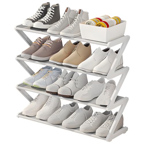 FZQBEY Schuhregal mit 4 Ebenen, Schuhregal Schmal, Schuhregal Platzsparend, Shoe Rack, Schuhablage, Schlank Stapelbar Fußwarenaufbewahrung für Flur, Kein Werkzeug Erforderlich (Weiß, Groß) von FZQBEY