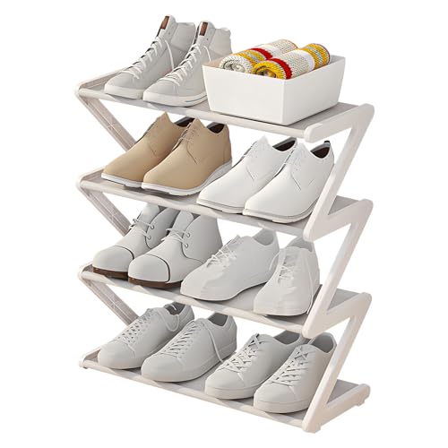 FZQBEY Schuhregal mit 4 Ebenen, Schuhregal Schmal, Schuhregal Platzsparend, Shoe Rack, Schuhablage, Schlank Stapelbar Fußwarenaufbewahrung für Flur, Kein Werkzeug Erforderlich (Weiß, Klein) von FZQBEY