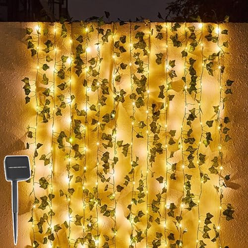 Lichterkette Außen Solar, LED Lichterkette Efeu Künstlich, 2M Solar Lichter Balkon Fake Efeu Girlande mit 20 LED Lichterketten Wasserdicht, 8 Modi für Garten Terrasse Hochzeit Party Zimmer Deko (C) von FZQBEY