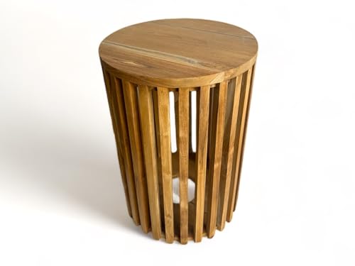 FaHome Handgefertigter Teakholz-Beistelltisch - Massivholz Natur-Unikat in Modernem Design – Holzleisten an den Seiten - Rundes Design von FaHome