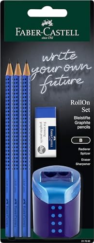 Faber-Castell 217083 - Bleistifte Set Grip 2001, mit Radierer, RollOn Spitzdose und 3 Bleistifte, Schreibset blau von Faber-Castell
