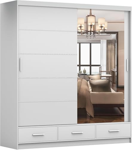 Fabryka Mebli Idźczak Kleiderschrank mit Spiegel Weiß -Schwebetürenschrank - Schlafzimmerschrank - 61 x 203 x 218 cm - Wohnzimmerschrank - Garderobenschrank Schrank mit Zwei Türen, 3 Schubladen Fabryka Mebli Idźczak Kleiderschrank mit Spiegel Weiß -Schwebetürenschrank - Schlafzimmerschrank - 61 x 203 x 218 cm - Wohnzimmerschrank - Garderobenschrank Schrank mit Zwei Türen, 3 Schubladen von Fabryka Mebli Idźczak