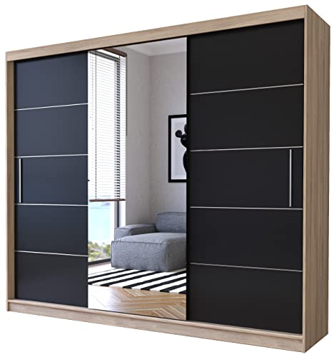 Fabryka Mebli Idźczak Schwebetürenschrank Alba 250 cm, Schiebetürenschrank mit Spiegel, Kleiderschrank Kleiderstange und Einlegeboden, Schiebetüren, Modern Design (Sonoma/Schwarz) von Fabryka Mebli Idźczak