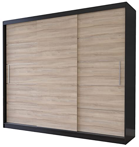 Fabryka Mebli Idźczak Schwebetürenschrank Alba Bez Lustra 250,Schiebetürenschrank,Kleiderschrank mit Kleiderstange und Einlegeboden,Schlafzimmerschrank,Schiebetüren,Modern Design (Schwarz/Sonoma) von Fabryka Mebli Idźczak