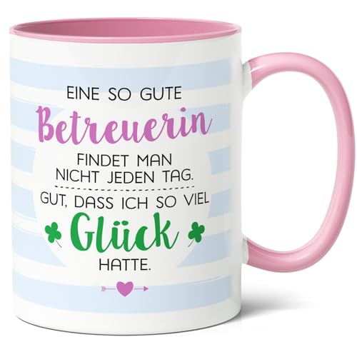 Betreuerin Geschenk Kaffee-Tasse (330ml) - Abschlussgeschenk für Betreuerin, Dankeschön für Einsatz, Muttertags - Geschenk zu Weihnachten - Glück Betreuerin - Keramik - Innen & Henkel (Rosa) von Facepot