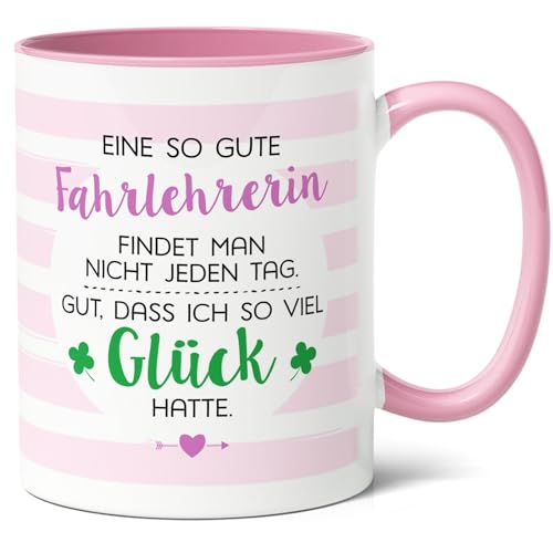 Fahrlehrerin Geschenk Kaffee-Tasse (330ml) - Idee für Top Pädagogin auf Rädern zum Prüfungsbestehen, Abschlussfeier - Weil sie es verdient hat - Ich hatte Glück, Fahrlehrerin - Keramik - (Rosa) von Facepot